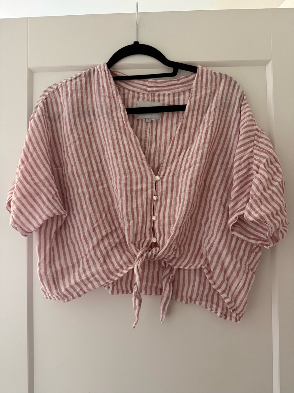 Worn 1X- Rails Striped Pink Tie-Front Linen Blend Top